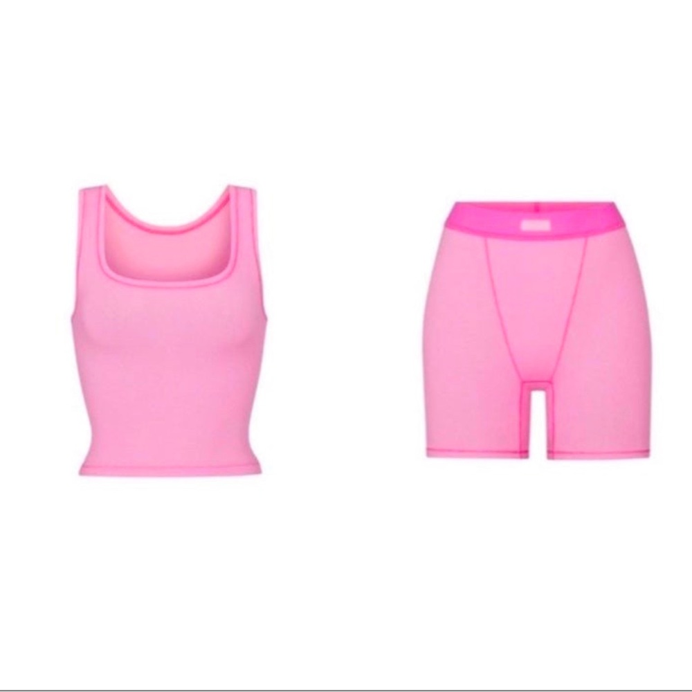 SKIMS BUBBLEGUM COTTON RIB TANK AND SHORTS